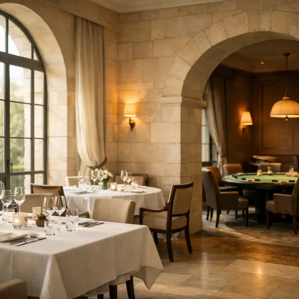 Intérieur lumineux combinant restaurant gastronomique et espace poker privé
